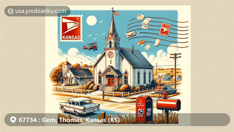 Modern illustration of Gem, Kansas, blending postal and regional elements, featuring Methodist Church and old-style post office, with vast Kansas fields and ZIP Code 67734 stamp.