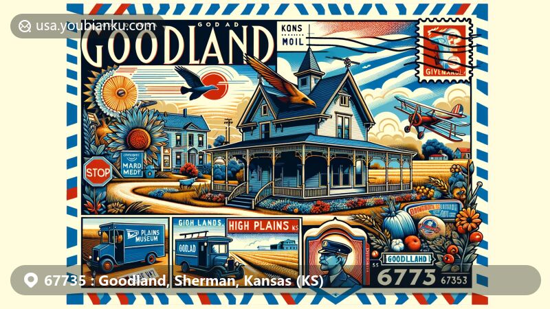 Modern illustration of Goodland, Sherman County, Kansas, showcasing Ennis-Handy House, High Plains Museum, and agricultural symbols, set against air mail envelope with postal theme.