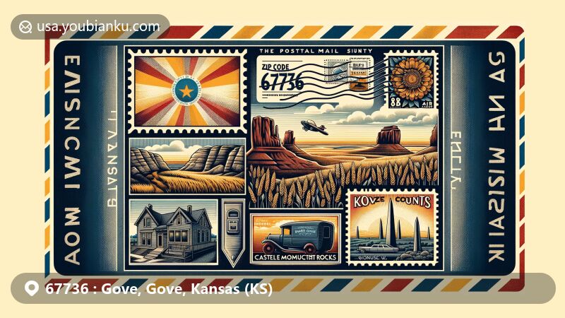 Modern illustration of Gove, Gove County, Kansas, resembling an airmail envelope with ZIP code 67736, featuring Kansas state flag, Castle Rock, Monument Rocks, postal stamp, wheat field, vintage postal truck, mailbox, Gove County map, wheat stalks, and sunflowers.