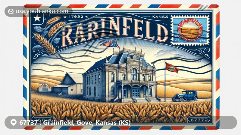 Modern illustration of Grainfield, Kansas, showcasing postal theme with ZIP code 67737, featuring Grainfield Opera House, Kansas state flag, vintage airmail envelope, and wheat and sunflower motifs.