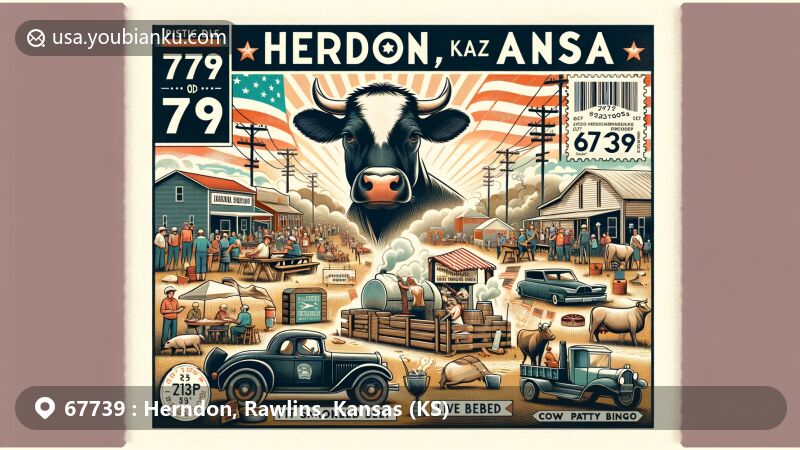 Modern illustration of Herndon, Kansas, capturing small-town ambiance with scenes from the Ox Roast event including parade, pit-smoked beef, live music, cow patty bingo, and outhouse race.