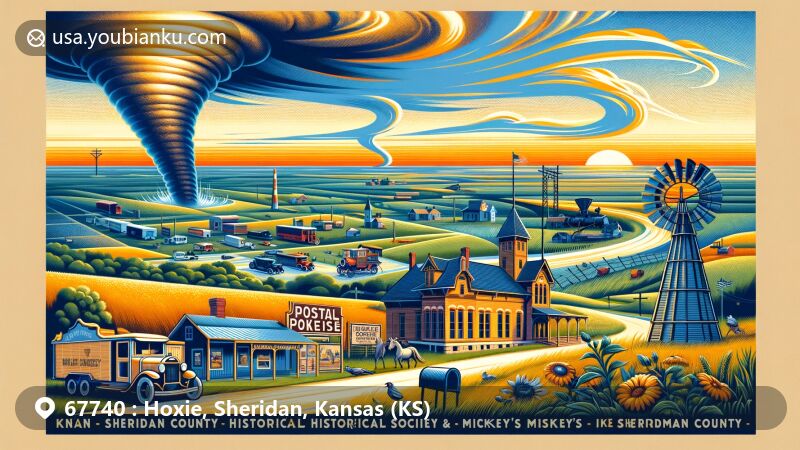 Modern illustration of Hoxie, Kansas, and Sheridan County, capturing the essence of local history and community through Sheridan County Historical Society & Mickey's Museum, set against the backdrop of Kansas' iconic Great Plains and expansive skies.