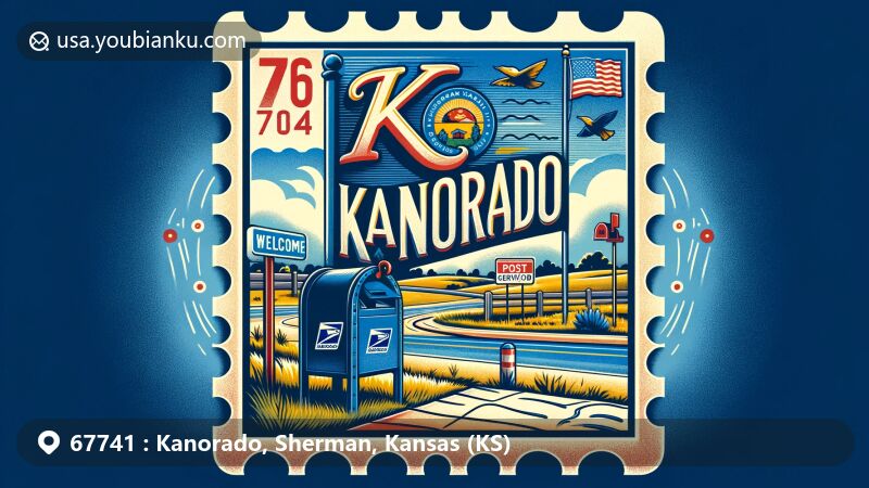 Vibrant illustration of Kanorado, Kansas, showcasing the city's welcoming sign, Kansas state flag, and postal elements within a vintage stamp frame.