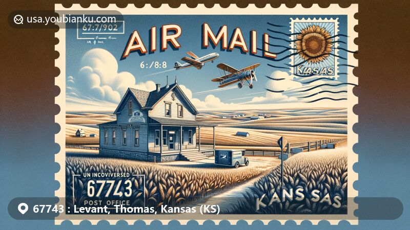 Creative depiction of Levant, Kansas, in a wide-format illustration showcasing postal theme with ZIP code 67743, featuring a rural post office, wheat fields, and sunflowers against a backdrop of Kansas landscapes.