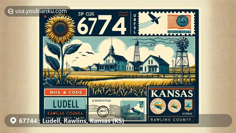 Modern illustration of Ludell, Rawlins County, Kansas, reflecting rural tranquility and community spirit, incorporating Great Plains and vintage postal elements, with Kansas state symbols like sunflower and Western Meadowlark.