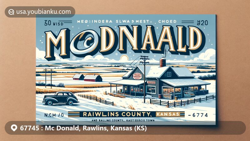 Modern illustration of McDonald, Kansas, postal theme with ZIP code 67745, featuring snowy landscape, McDonald Grocery store, and rural prairie life.