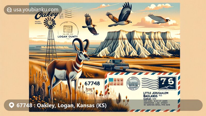 Modern illustration of Oakley, Logan County, Kansas, featuring Little Jerusalem Badlands State Park with chalk formations and native wildlife, along with postal elements like air mail envelope, stamps, and postmark.