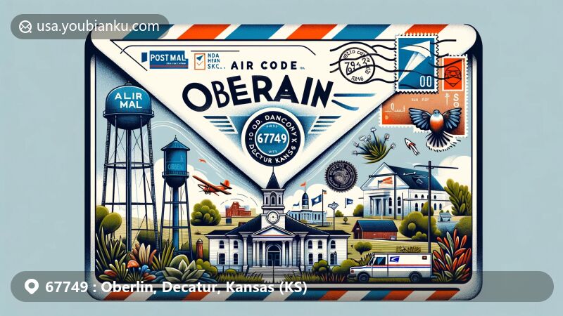 Modern illustration of Oberlin, Decatur County, Kansas, showcasing airmail envelope with postmarks and stamps, featuring iconic landmarks like water tower, Decatur County Courthouse, and Sappa Park.