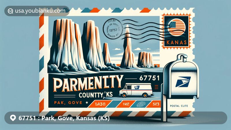 Modern illustration of Monument Rocks in Park City, Gove County, Kansas, showcasing unique chalk formations and postal theme with zip code 67751.