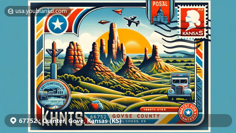 Modern illustration of Quinter, Gove County, Kansas, featuring Monument Rocks and Castle Rock with postal themes, Kansas state flag, vintage postcard format, airmail edge, Monument Rocks stamp, Quinter postmark, and mail delivery imagery.