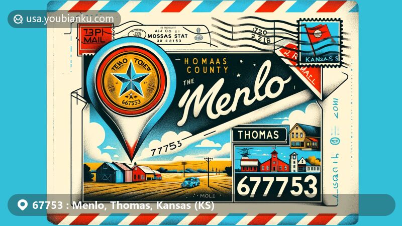 Modern illustration of Menlo, Thomas County, Kansas, highlighting ZIP code 67753 and blending geographic and postal characteristics, featuring a stylized map of Thomas County with Menlo's location marked, a vintage air mail envelope with postmark and Kansas state flag stamp.