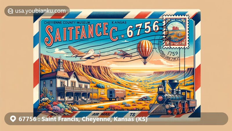 Modern illustration of Saint Francis area in Cheyenne County, Kansas with ZIP code 67756, featuring vintage airmail envelope depicting local landmarks like the Cheyenne County Museum, wide grassland canyons, and a stylized Kansas flag stamp.