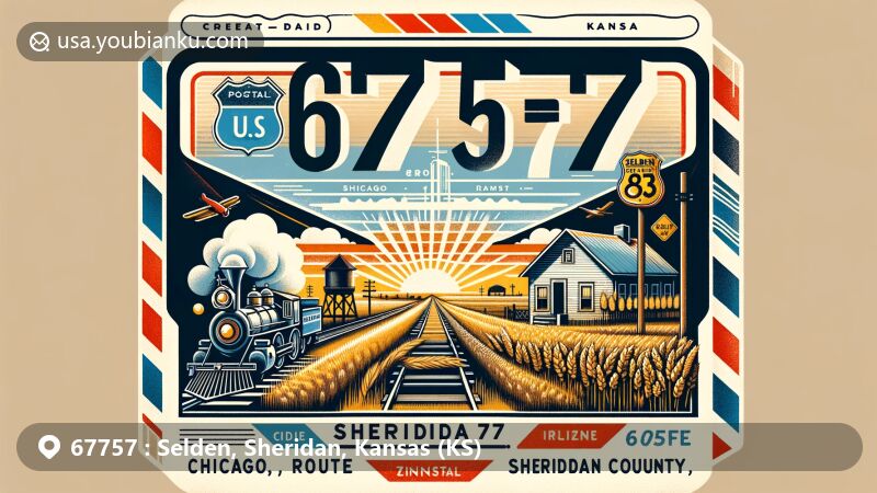 Modern illustration of Selden, Sheridan County, Kansas, incorporating postal theme with vintage air mail envelope and ZIP code 67757, featuring elements like Sheridan County outline, U.S. Route 83 sign, railroad symbol, and schoolhouse in a vibrant and clear design with wheat fields.