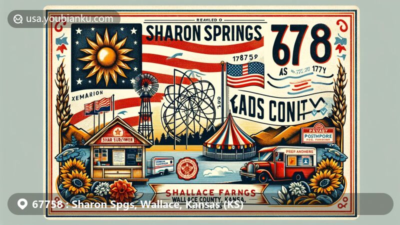 Modern illustration of Sharon Springs, Wallace County, Kansas, featuring state flag, Mt. Sunflower outline, and Wallace County Free Fair elements, framed with vintage postal details.