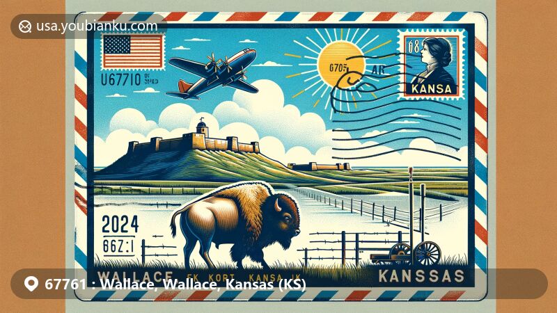 Modern illustration of Wallace, Kansas, showcasing postal theme with ZIP code 67761, featuring Fort Wallace, Kansas plains, and a bison.