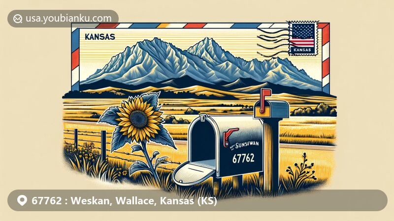 Modern illustration of Weskan, Wallace County, Kansas, featuring Mount Sunflower and airmail envelope with ZIP code 67762, showcasing Kansas flag and American mailbox.