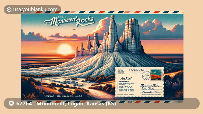 Modern illustration of Monument, Logan County, Kansas, highlighting iconic Monument Rocks in unique limestone formations against a sunset backdrop, featuring vintage postcard layout with airmail border, Kansas state flag stamp, postal mark with ZIP code 67764, and handwritten note.