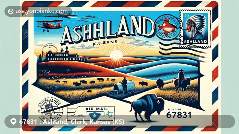 Vibrant illustration of Ashland, Kansas, 67831, on vintage airmail envelope, showcasing buffalo, Pioneer-Krier Museum, and ranching elements.