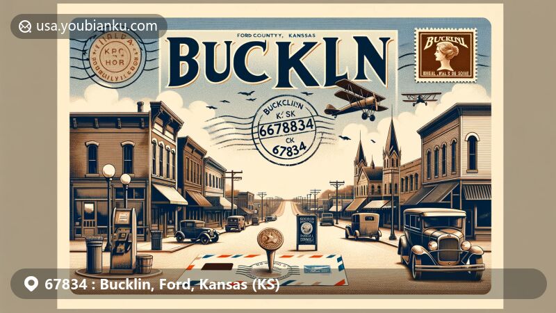 Modern illustration of Bucklin, Ford County, Kansas, showcasing postal theme with ZIP code 67834, featuring town's main street, vintage postage stamp, postmark, and Santa Fe Trail.
