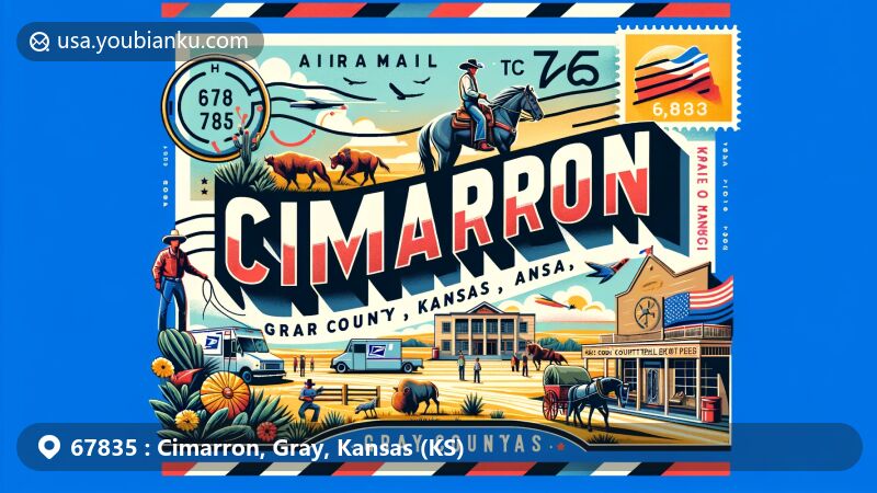 Modern illustration of Cimarron, Gray County, Kansas, paying tribute to ZIP code 67835, depicting local landmarks like Cimarron City Library, Gray County Rodeo, and historic Santa Fe Trail fork.