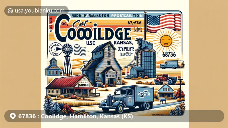 Modern illustration of Coolidge, Kansas, showcasing zip code 67836, featuring vintage postcard theme with local landmarks like a grain elevator and U.S. Highway 50, and cultural references including Cousin Eddie's farm from National Lampoon's Vacation.