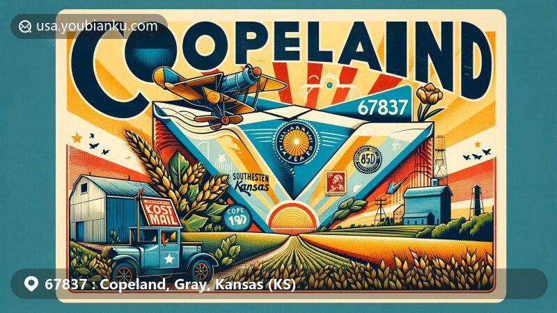 Modern illustration of Copeland, Gray County, Kansas, creatively blending geographic and postal themes with Kansas state flag backdrop, showcasing agricultural essence and postal elements.