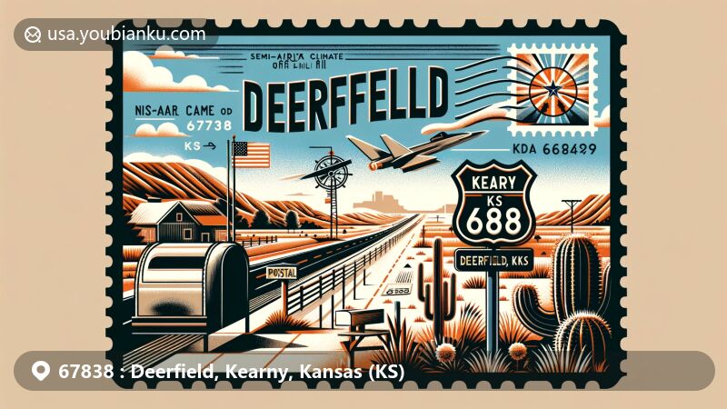 Modern illustration of Deerfield, Kearny County, Kansas, showcasing postal theme with ZIP code 67838, featuring semi-arid climate landscape and U.S. Highway 50.