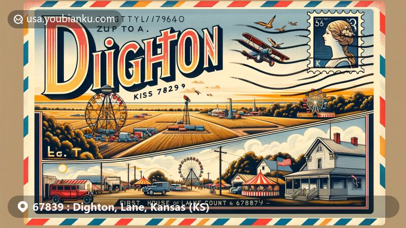 Modern illustration of Dighton, Kansas, showcasing the wide plains and iconic landmarks, including historic structures, Lane County Carnival scenes, and vintage postal elements.