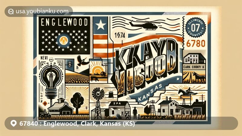Modern illustration of Englewood, Kansas, highlighting ZIP code 67840 and its small-town charm, semi-ghost town status, Kansas state flag, Clark County silhouette, and agricultural heritage. Includes postal elements like airmail envelope, post stamp, and postmark.