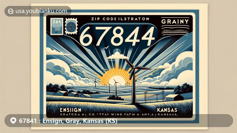 Modern illustration of Ensign, Gray County, Kansas, inspired by ZIP code 67841, featuring vintage airmail envelope frame symbolizing postal communication, landscape scene with fields and skies reflecting agricultural background, wind turbine representing Gray County Wind Farm, and subtle integration of town name 'Ensign' and ZIP code.