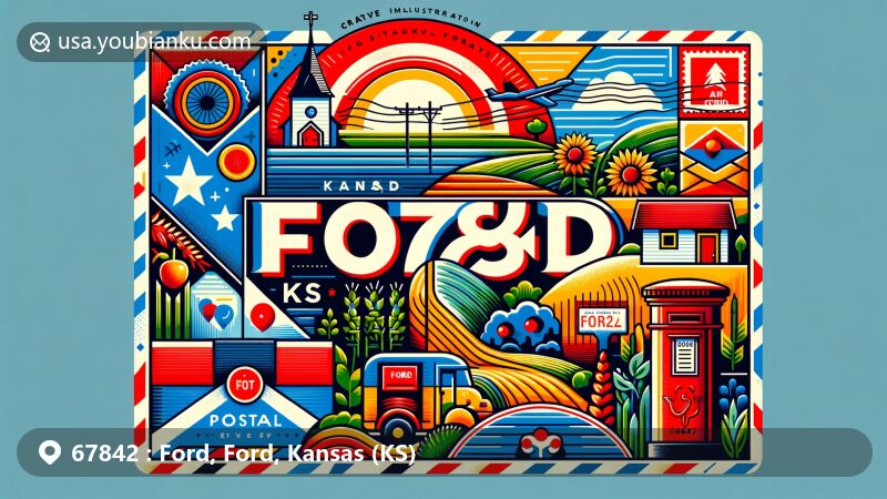 Modern illustration of Ford, Kansas, ZIP code 67842, featuring vibrant colors and cultural symbols like the Kansas state flag, Ford County map outline, agricultural motifs, and postal elements.
