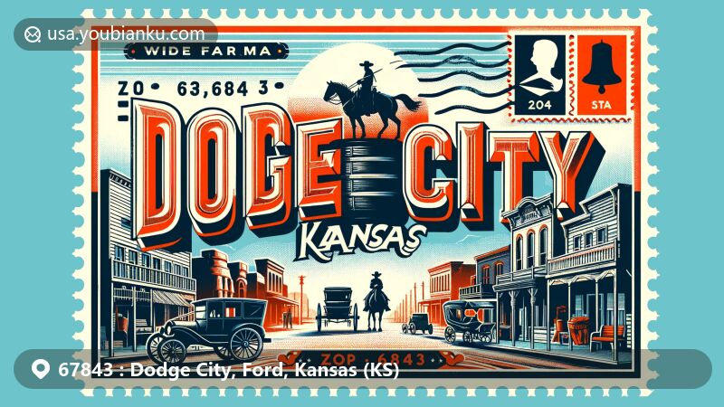 Modern illustration of Dodge City, Kansas, Ford County, showcasing Old West heritage with postal elements, featuring ZIP code 67843, and iconic landmarks like Boot Hill Museum and Santa Fe Trail Tracks.