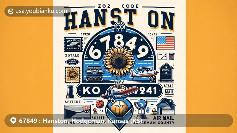 Modern illustration of Hanston area in Hodgeman County, Kansas, showcasing postal theme with ZIP code 67849, featuring town atmosphere and community spirit, based on 2020 census data indicating a population of 259 with high proportion of married couples and children under 18. Highlights town's pride in education through symbols of sports achievements like the state championships in 8-Man DII Football and 1A Boys Basketball by Hanston Elks, incorporating Kansas symbols such as sunflowers and postal elements like stamps, ZIP code 67849 postmark, and mailbox, ensuring accurate portrayal of postal essence and adding vivid state identity colors with Kansas sunflowers. Wide format (1792x1024 pixels) to enhance details for visually appealing online display.