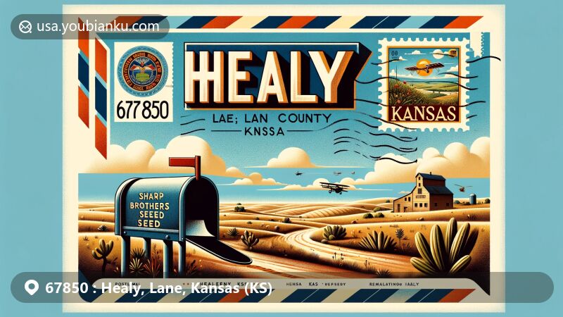 Creative illustration of Healy, Lane County, Kansas, featuring postal theme with ZIP code 67850, showcasing Sharp Brothers Seed Company against semi-arid landscape and Kansas state flag stamp.