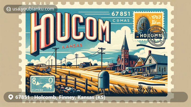 Modern illustration of Holcomb, Finney County, Kansas, featuring ZIP code 67851 and a creative postal theme. The artwork includes elements representing the town's connection to 'In Cold Blood' by Truman Capote and showcases the semi-arid Kansas landscape.