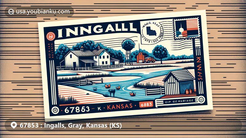 Modern postcard illustration of Ingalls, Kansas, blending rural scenery and postal elements, capturing the charm of ZIP code 67853. Border inspired by Ingalls map outline, stamp design features Kansas symbols, with clear '67853' postal code and 'Ingalls, KS 67853' postmark, highlighting the region's uniqueness and community warmth.