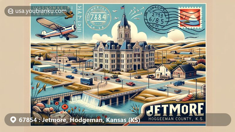 Modern illustration of Jetmore, Hodgeman County, Kansas, featuring historic Main Street, Hodgeman County Courthouse, Buckner Valley Park with WPA dam, and postal theme with ZIP code 67854.