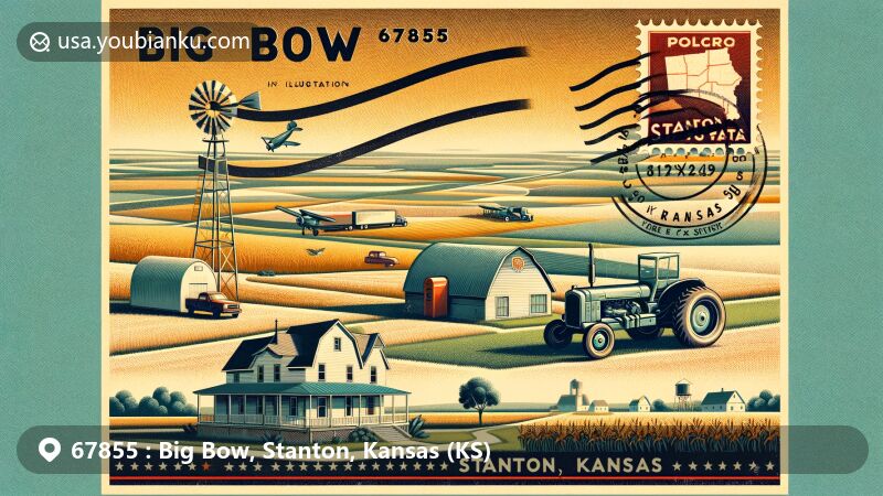 Modern illustration of Big Bow, Stanton, Kansas, highlighting postal theme with ZIP code 67855, featuring agricultural background and rural landscapes of Stanton County.
