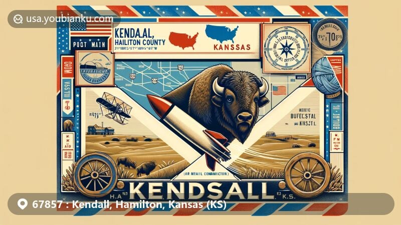 Modern illustration of Kendall, Hamilton County, Kansas, showcasing postal theme with ZIP code 67857, featuring a vintage airmail envelope with the county's geographical outline as background, symbolizing Kendall's location. American flag is displayed on top, representing the broader national backdrop. Tribute to local heritage includes an illustration of a buffalo, honoring the region's early buffalo hunting history and the story of frontiersman Charles 'Buffalo' Jones. Integrated with Kansas' iconic landmark - world's largest ball of twine - showcasing the state's peculiar side, along with prominent geographical coordinates (37°56′05″N 101°32′46″W). ZIP code '67857' prominently displayed in the design, framed with classic red-blue airmail border, featuring a vintage stamp on the top right corner with a traditional Kansas wheat field image. The modern illustration style is web-friendly, creative, and engaging, cleverly blending multiple elements without being overcrowded.