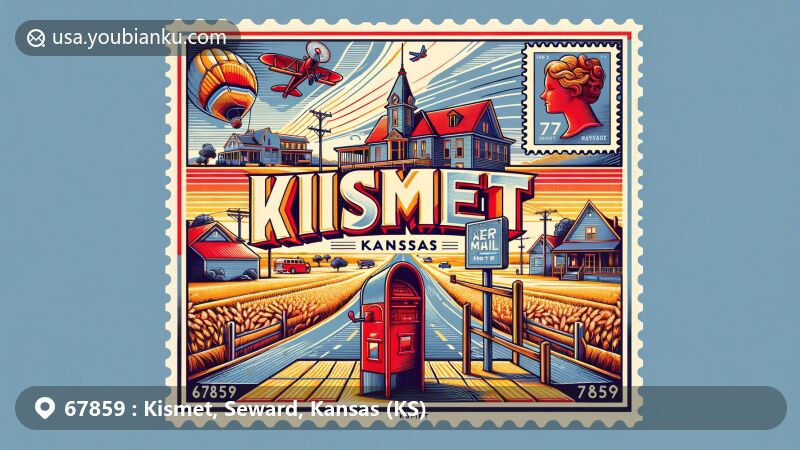 Modern illustration of Kismet, Seward County, Kansas, showcasing postal theme with ZIP code 67859, featuring Kansas plains, small-town charm, and agricultural heritage.