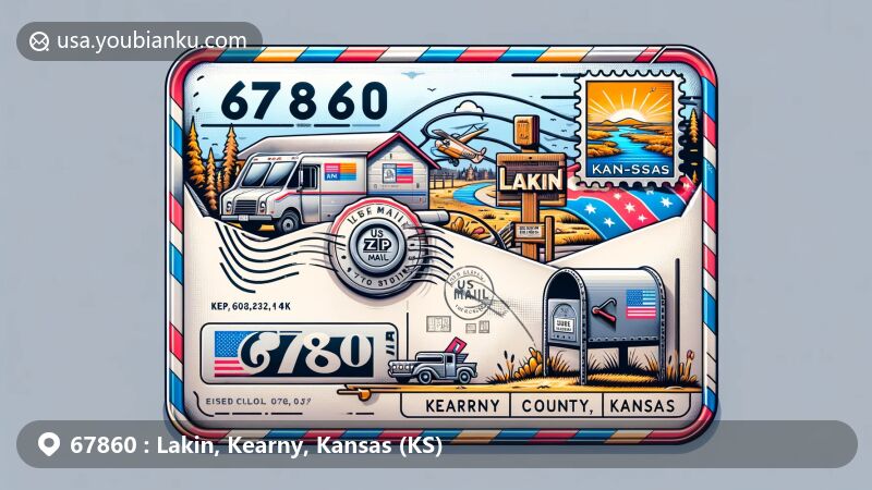 Modern illustration of Lakin, Kearny County, Kansas, showcasing postal theme with ZIP code 67860, featuring Kansas state flag, Santa Fe Trail segment, US Mail truck, and contour map of Kearny County.