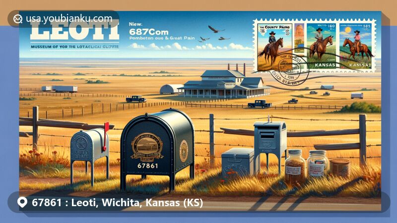 Modern illustration of Leoti, Kansas, depicting semi-arid climate, western history, and postal culture, featuring Museum of the Great Plains, cowboy culture, and traditional American mailbox with Kansas and Wichita County stamps and ZIP code 67861.