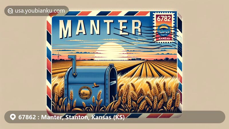Modern illustration of Manter, Kansas, showcasing postal theme with ZIP code 67862, featuring wheat fields, Kansas state flag, and American mailbox in a vibrant, creative style.