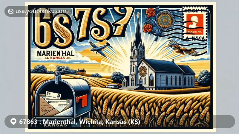 Modern illustration of Marienthal, Kansas, represented by postal code 67863, featuring vintage postcard highlighting the ZIP code and artistically rendered St. Mary Catholic Church symbolizing Volga German heritage and town founding, surrounded by fields representing the agricultural background. An old-fashioned mailbox in the foreground reveals letters with 67863, Marienthal, KS address. The artwork, in a modern illustrative style, is web-friendly with vibrant colors, respectful of the area's history and cultural significance. The design subtly incorporates the flag of Kansas in the background to signify the state's identity.