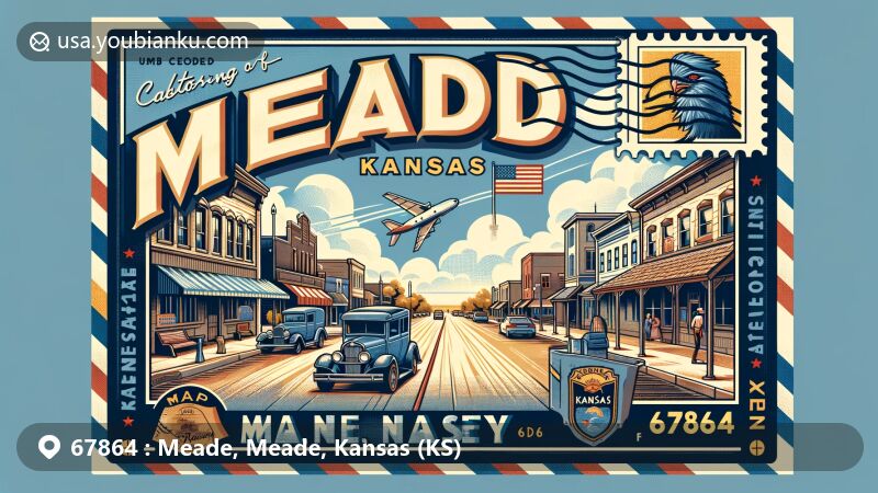 Modern illustration of 67864, Meade, Kansas, capturing the essence of the county seat with landmarks like Dalton Gang Hideout, postcard design with ZIP code 67864, and Kansas state flag.
