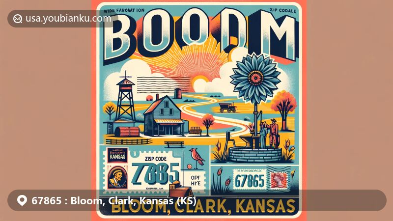 Modern illustration of Bloom, Clark, Kansas, highlighting postal theme with ZIP code 67865, featuring St. Jacob's Well, grain elevator, and Kansas state outline.