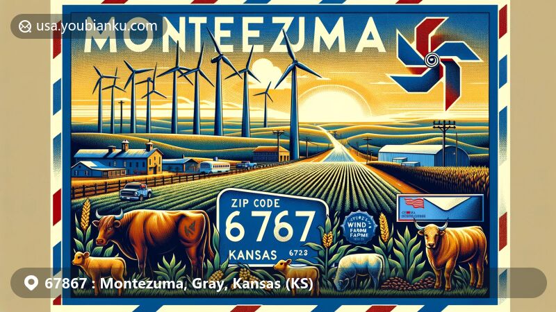 Modern illustration of Montezuma, Kansas, capturing its rich agricultural heritage and status as the Wind Farm Capital of Kansas with wheat, corn, beans, and milo crops, cattle, and the iconic Gray County Wind Farm. Features ZIP code 67867, Aztec Street, and airmail envelope.