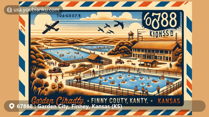Modern illustration of Garden City, Finney County, Kansas (KS), featuring Lee Richardson Zoo and Big Pool, highlighting the city's natural and community life, spirit of collaboration, and High Plains essence.