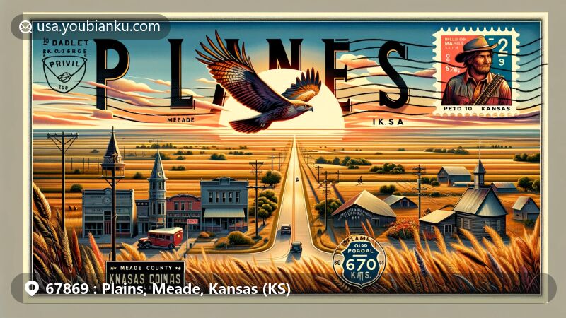 Modern illustration of Plains, Meade County, Kansas, showcasing airmail envelope with wide main street, Old Meade County Museum, Dalton Gang Hideout, prairie grasses, circling hawk, and Kansas state flag stamp.