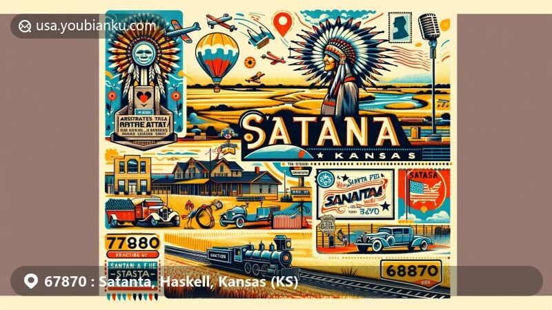 Modern illustration of Satanta, Haskell County, Kansas, highlighting Indian heritage, Chief Satanta tribute, railroad history, and semi-arid prairies, framed in postal theme with ZIP code 67870, celebrating the essence of Satanta.
